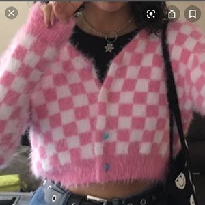 Sugar Thrillz pink fuzzy checkerboard sweater